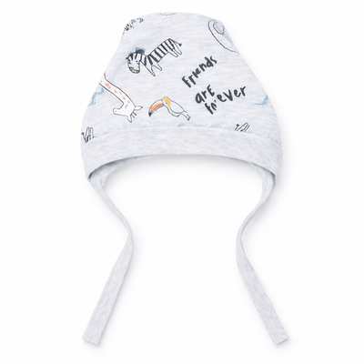 Детский чепчик уни, кулир, серый меланж с принтом.