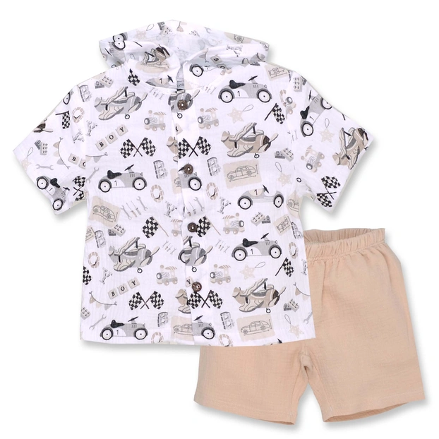 Комплект дитячий для хлопчика, р.92-110 см, муслін, білий з принтом фото Татошка