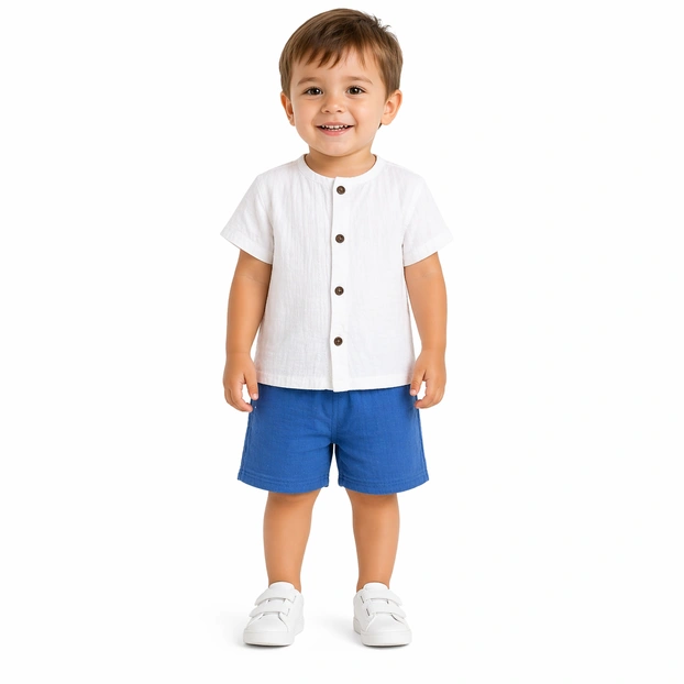 Комплект дитячий уні, р.104-110 см, муслін, білий з блакитним фото Татошка