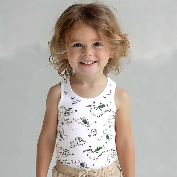 Дитяча майка для хлопчика, р.74-116 см, рібана, біла з принтом фото Татошка