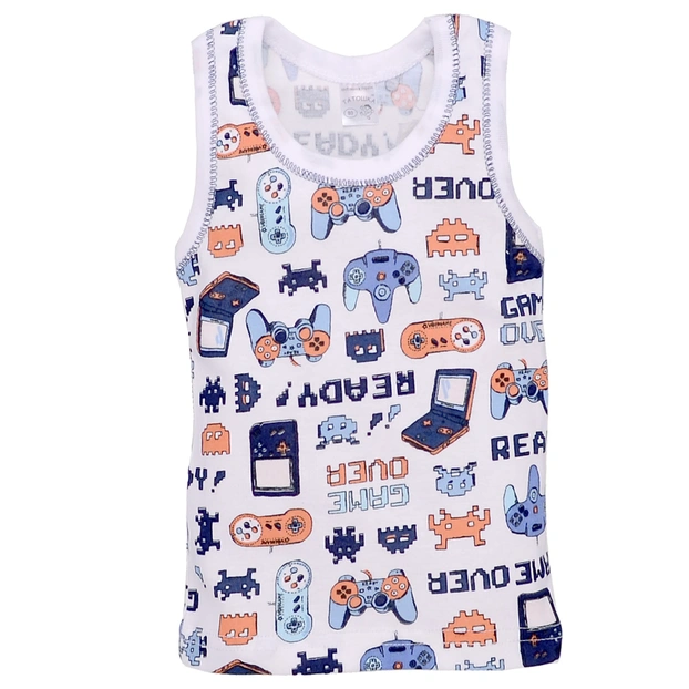 Дитяча майка для хлопчика, р.86-134 см, рібана, біла з принтом фото Татошка