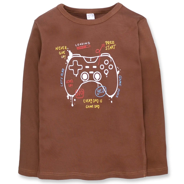 Дитячий джемпер для хлопчика, 116-134см, інтерлок, коричневий з аплікацією фото Татошка