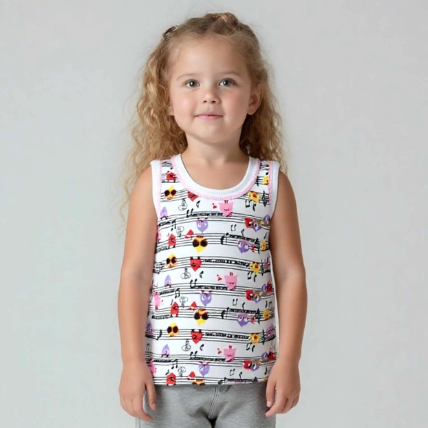 Дитяча майка для дівчинки, р.74-80 см, рібана, біла з принтом фото Татошка