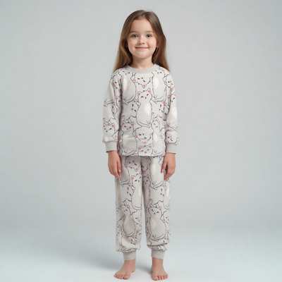 Комплект дитячий для дівчинки, р.98-146 см, фліс, сірий меланж с принтом