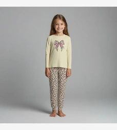 Піжама дитяча для дівчинки, р.140-164 см, інтерлок, бежева з принтом фото на tatoshka.ua