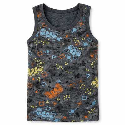 Дитяча майка для хлопчика, р.104-134 см, рібана, сіра з принтом