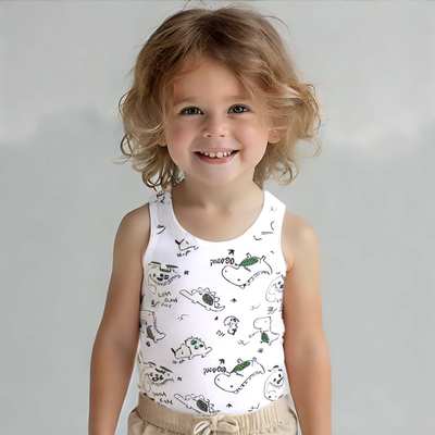 Дитяча майка для хлопчика, р.74-116 см, рібана, біла з принтом