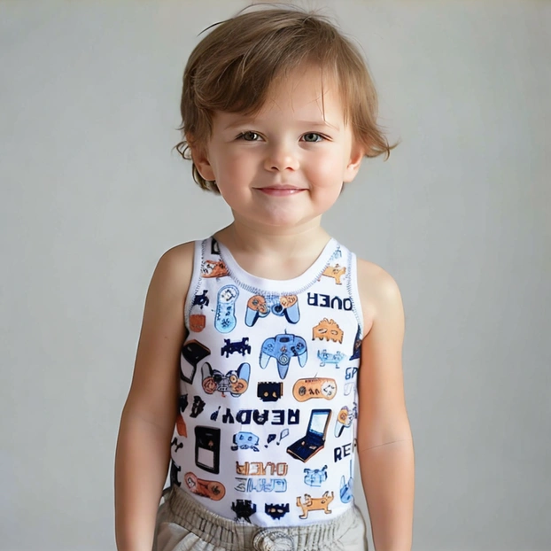 Дитяча майка для хлопчика, р.86-134 см, рібана, біла з принтом фото Татошка