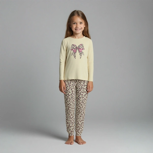 Піжама дитяча для дівчинки, р.140-164 см, інтерлок, бежева з принтом фото Татошка