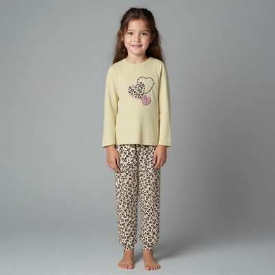 Піжама дитяча для дівчинки, р.92-164 см, інтерлок, бежева з принтом