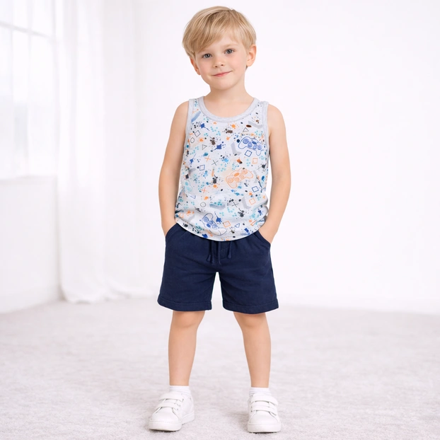 Дитяча майка для хлопчика, р.80-152 см, рібана, блакитний з принтом фото Татошка