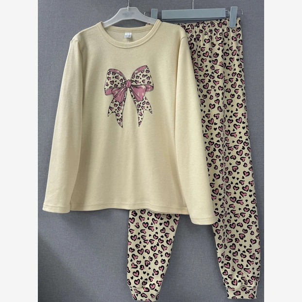 Піжама дитяча для дівчинки, р.140-164 см, інтерлок, бежева з принтом фото Татошка