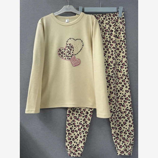 Піжама дитяча для дівчинки, р.92-164 см, інтерлок, бежева з принтом фото Татошка