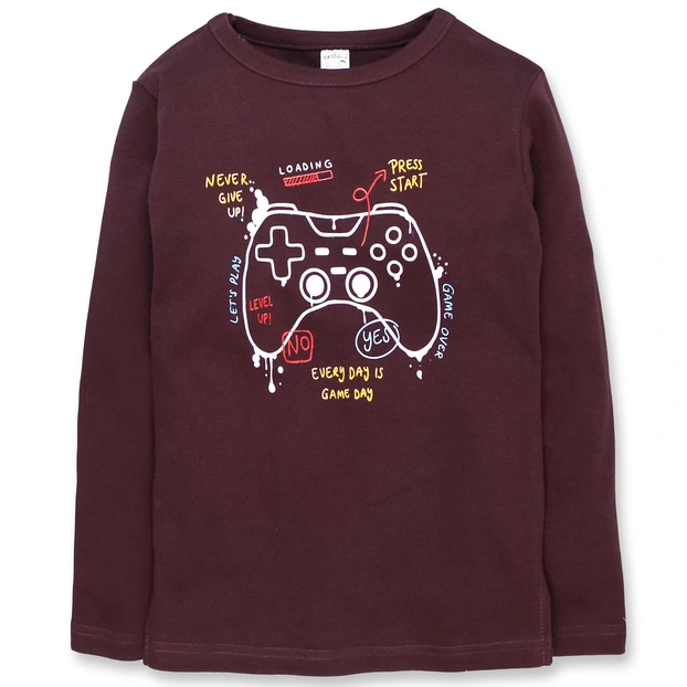 Дитячий джемпер для хлопчика, 116-134см, інтерлок, коричневий з аплікацією фото Татошка