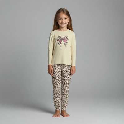 Піжама дитяча для дівчинки, р.140-164 см, інтерлок, бежева з принтом